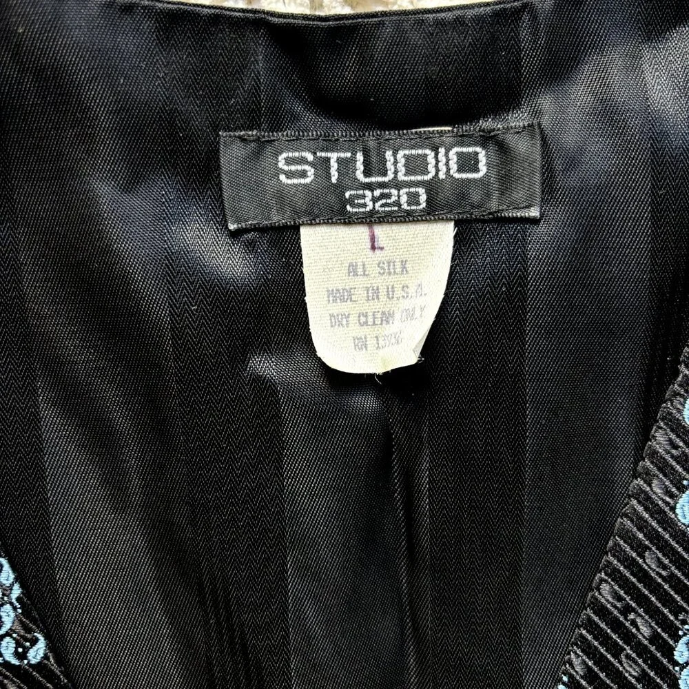 Studio 320 Vest L Silk Black with‎ Blue Accent Tuxedo Waistcoat Made in USA VTG